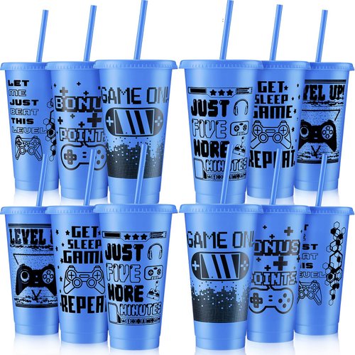 Mifoci 12 Pcs Video Game Plastic Cups with Lids and Straws Reusable Tumbler with Lid and Straw Cute Iced Coffee Travel Cups Mug Water Bottle for Adult Kid Gaming Birthday Supplies (Blue)