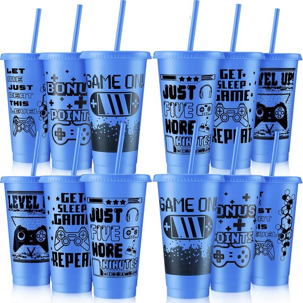 Mifoci 12 Pcs Video Game Plastic Cups with Lids and Straws Reusable Tumbler with Lid and Straw Cute Iced Coffee Travel Cups Mug Water Bottle for Adult Kid Gaming Birthday Supplies (Blue)