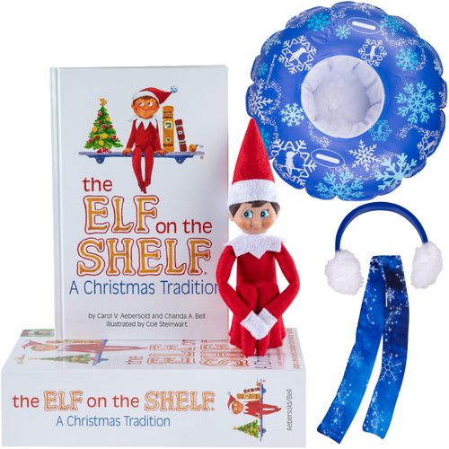 Elf On The Shelf Boy with Snow Tube Set - Blue Eyed Boy Elf Doll with Book and Winter Ski Gear - Tube, Scarf and Earmuffs- Customize Your Elf for Wintertime Adventures