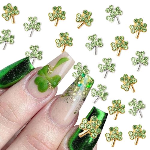 20Pcs St.Patrick's Day Nail Charms Nail Decals Alloy Silver Nail Charms Nail Jewelry 3D Green Shamrock Nail Gems Rhinestones Metal Lucky Charms Designs for Women Girls Acrylic Manicure Decorations