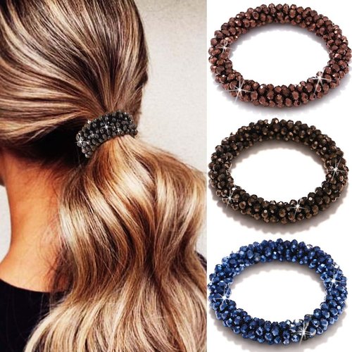 Fashey Beaded Hair Ties Elastic Ponytail Holders Crystal Hair Tie 3 Pcs Rhinestone Hair Scrunchies Hair Accessories for Women