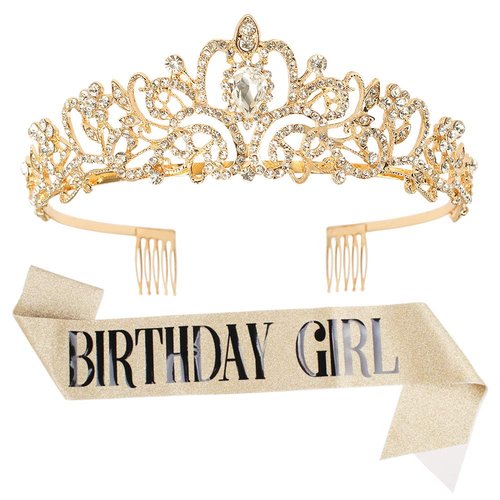 Birthday Crowns for Women, Didder Gold Crystal Tiara & Birthday Girl Sash Kit,Tiaras and Crowns for Women Girls Elegant Princess Crown with Combs Girls Tiara Birthday Sash For Women Gift Bridal Party