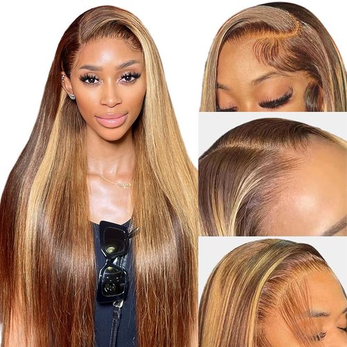 QNQZ Highlight Straight Lace Front Wig 13x6 Transparent Lace Front Wig Human Hair 180 Density Colored Human Hair Lace Front Wigs 28 Inch Frontal Human Hair Wigs