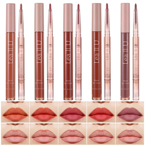 Lea ll U Lip Liner & Lip Glaze Set, Waterproof Smooth Lip Liner, Long Lasting Matte Lip Glaze, Velvet Lip Glow, 2 Pcs, Nude Lipstick, 5 Colors (04#Grapefruit soda)
