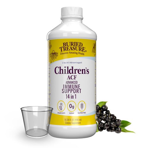 Buried Treasure Childrens ACF Advanced Immune Support, Cherry Flavor, 16oz w/Dose Cup, Immune Booster Supplement for Kids, Liquid Herbal Immunity Formula w/Vitamin C Elderberry Enchinacea Zinc