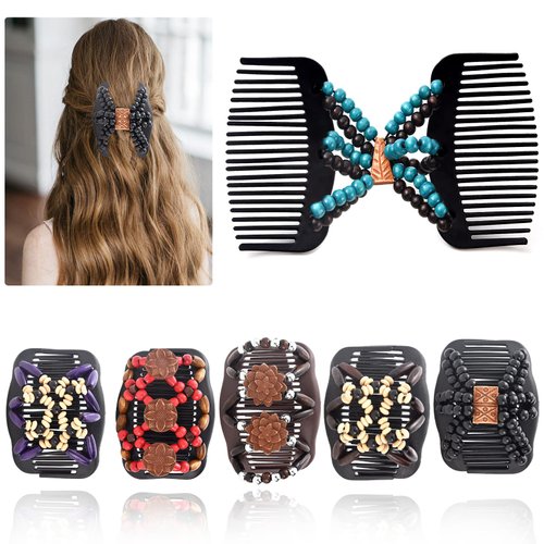 Yeshan Magic Hair Combs for Women Wood Beaded Stretch Double Hair Side Combs Adjustable Elastic Hair Clips Bun Maker Hair Accessories,Pack of 6