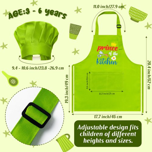Kid Apron and Chef Hat Set - R HORSE 2Pcs Adjustable Children Light Green Kitchen Apron, Dress up Role Play Chef Toy Cooking Baking Painting and Training Kits Kid Funny Cooking Birthday Gift for Kids