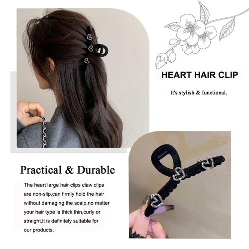 Valentine's Day Hair Clips Heart Claw Clips for Thick or Thin Hairs French Black Golden Heart-Shape Hair Jaw Clips Exquisite Design Clamp Clips for Women Valentines Wedding Party Hair Accessories