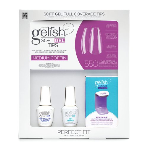Gelish Soft Gel Intro Kits, Press On Gel Nails, Gel Tips Nail Kit, Full Nail Tips, Nail Kit with featured Mini LED Light, Perfect Kit, Full Coverage Tips. (Medium Coffin 550 Count Nail Kit, 1 Kit)