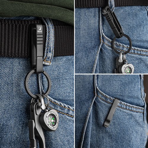 FEGVE Belt Clip with Detachable Titanium Key Ring and D-shaped keyring, Duty Belt Key Holder Key Clip Carabiner Keychain for Men