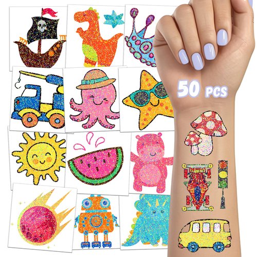 TatoYard 50 PCS Individually Wrapped Temporary Tattoos Stickers, Bulk Kids Non Toxic Tattoos for Party Decorations Supplies, Goodie Bags Stuffers for Kids Birthday Party Favors (Glitter)