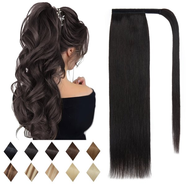 SEGO Ponytail Extension Human Hair Real Human Hair Clip In Wrap Around Long Straight Ponytail With Magic Paste Pony Hairpieces for Women -16 Inch 80g 1B Natural Black