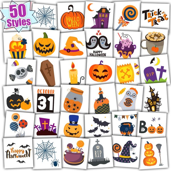 Partywind Individually Wrapped Sheets Halloween Tattoos for Kids Treats, Halloween Party Supplies Favors Decorations, Halloween Games for Boys and Girls (50 Sheets)