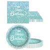 Teal and Silver Tableware set, Blue Happy Birthday Theme 20 Plates and 20 Napkins and Tablecloths 71 '' x 42 '' for Girls Women Silver Glitter Birthday Party Supplies