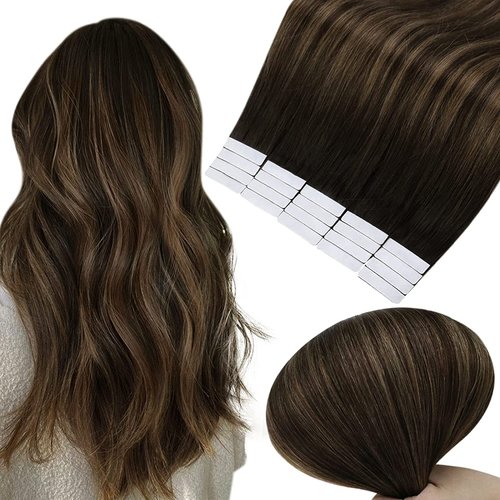 Full Shine Tape in Human Hair Extensions 18 Inch Adhesive Hair Extensionsr 50 Gram 20 Pcs Glue on Hair Extensions Color 2 Darkest Brown Fading to 8 Ash Brown and 2