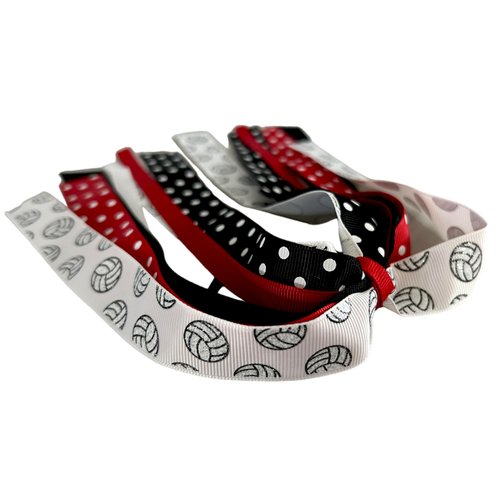 Volleyball Glitter Hair Bow with Red and Black Ribbons on Ponytail Holder for Girls and Teams