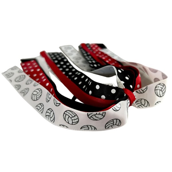Volleyball Glitter Hair Bow with Red and Black Ribbons on Ponytail Holder for Girls and Teams