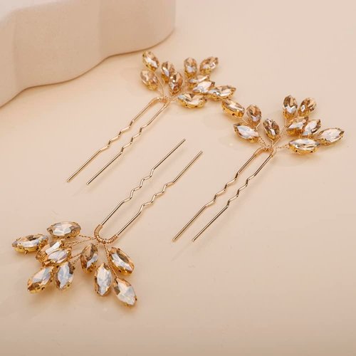 Rumtock 3pcs Champagne Hair Piece Handmade Crystal Hair Pins for Wedding Brides Women Girls Hair Styling Jewelry (Champagne)