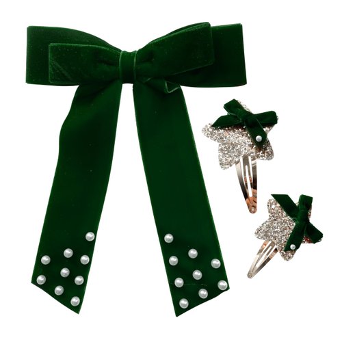 Goblfu Fashion Hair Clips Set, Cute Hair Barrettes Bobby Pins, Fancy Hairpin Accessories Headwear Styling Tools, Gifts for Women Decorative Wedding (Green Velvet Pearl Bow 3 in 1)