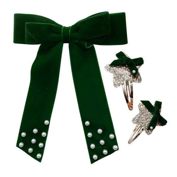Goblfu Fashion Hair Clips Set, Cute Hair Barrettes Bobby Pins, Fancy Hairpin Accessories Headwear Styling Tools, Gifts for Women Decorative Wedding (Green Velvet Pearl Bow 3 in 1)