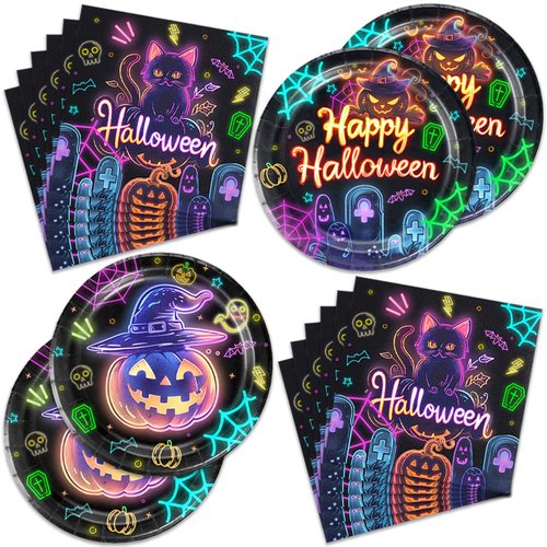 48Pcs 2024 Halloween Party Supplies 24 Plates + 24 Napkin Birthday Halloween Party Decorations (Halloween light)