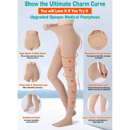 MGANG Medical Compression Pantyhose for Women & Men, Closed Toe, Opaque, Waist High Compression Circulation Leggings, 15-20 mmHg Firm Support Compression Hose for Varicose Veins, Edema, DVT, Beige M