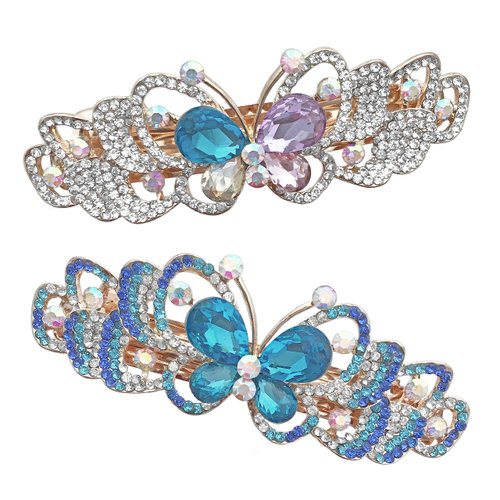 Rhinestone Crystal Barrettes - Set of 2 - Jeweled Butterfly Hair Clips - 1 with Blue Crystals and...