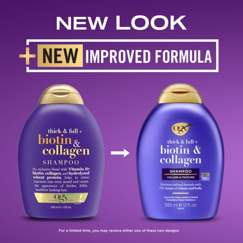 OGX Thick & Full + Biotin & Collagen Volumizing Shampoo, Nutrient-Infused Hair Shampoo with Vitamin B7 Biotin Gives Hair Volume & Body for 72+ Hours, Sulfate-Free Surfactants, 13 fl. oz