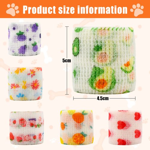6 Roll 2 Inch x 5 Yards Pet Vet Wrap for Dogs Cats, Cohesive Bandages in Bulk, Colorful Cute Non-Woven Self Adhesive Bandages Wrap Roll for Pet Animals Wound Care Ankle Sprains & Swelling