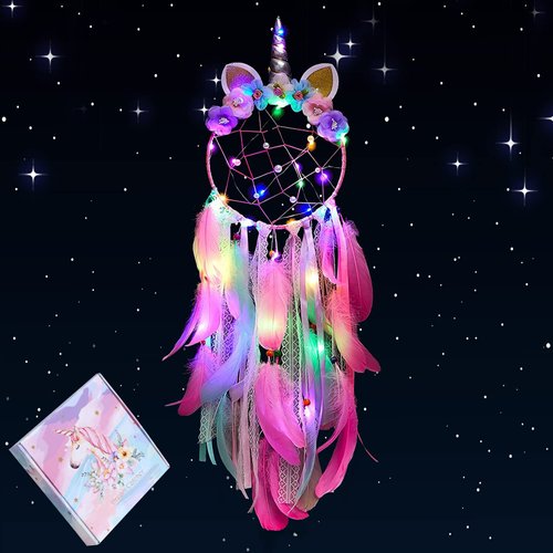 Unicorn Dream Catcher with Colorful Led Light for Girls Boys Bedroom Wall Decor Hanging Ornament Festival (Pink)…