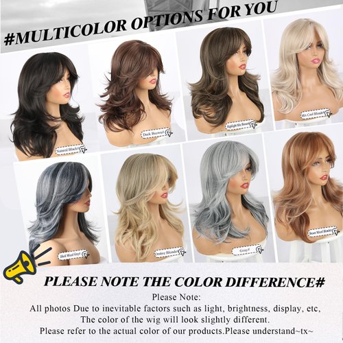 LEOSA Gray Wigs for Women Silver Wig with Curtain Bangs Layered Wig Long Wavy Gray Ombre Wig Shoulder-Length Long Haired Wig Synthetic Light Grey Wig Natural Real Hair Wig for Daily Party Use