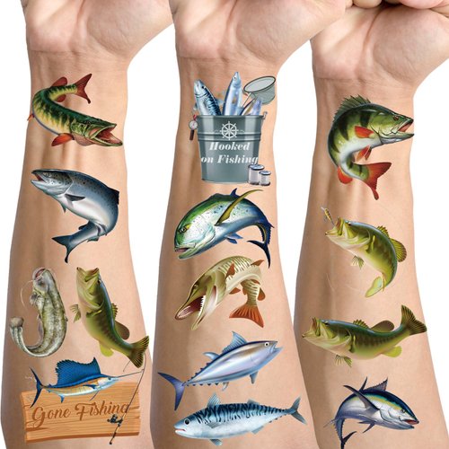 Gameza Gone Fishing Temporary Tattoos - 240+ Fishing Birthday Party Favors Decorations Fisherman Temporary Tattoos Stickers Gifts Gone Fishing Theme Party Baby Shower Decorations Supplies