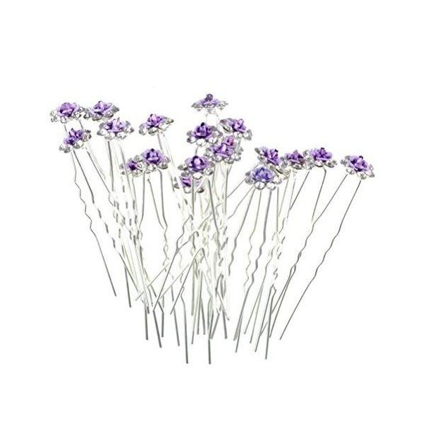 Rbenxia 20 Pcs Bridal Wedding Rhinstone Hair Pins hair Accessories Hair Sticks 2.4 Inches Bridal Prom Clips Rose U-shaped Hair Pins for Women and Girls, Purple