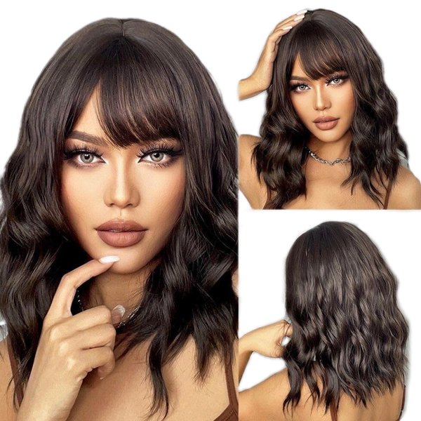 Tangyaoyusun 16Inch Short Wavy Wig with Bangs Shoulder Length Bob Curly Synthetic Wigs with Natural Wavy Hair Rose Net for Daily Party Use (Dark Brown)