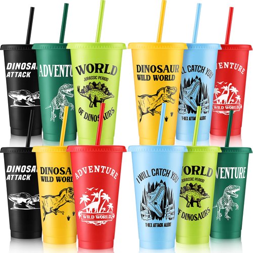 Mifoci 12 Pcs Dinosaur Party Favor Plastic Cup 24 oz Dinosaur Cup with Lids and Straws Set Kids Reusable Plastic Cups Dinosaur Cup Decorations for Beverage Birthday Party Dino Supplies (Colorful)