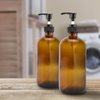 Cornucopia 16oz Amber Glass Bottles w/ Pump Dispensers (2-Pack); Refillable Lotion Liquid Soap Pump Brown Bottles + Chalk Labels & Lids, BPA-Free Plastic Tops