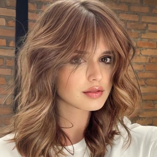 EMMOR Short Curly Wigs with Fringe，Wavy Bob Wigs for Women Heat Resistant Synthetic Blonde Wigs Shoulder Length Wigs Natural Looking（Ombre Light Brown