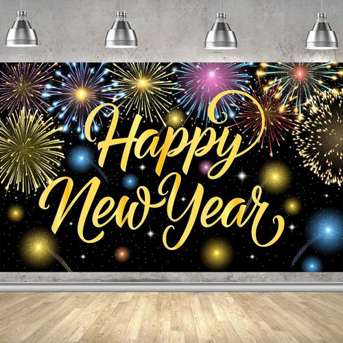 Happy New Year Banner Colorful Firework New Years Backdrop for 2025 Party Decorations Happy New Year Decorations New Years Eve Banner for New Years Party Supplies