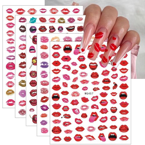 5 Sheets Valentine's Day Nail Art Stickers Fashion Sexy Lips Nail Decals 3D Self-Adhesive Rose Heart Red Lips Nail Design Colorful Lips Nail Art Stickers Nail Art for Women Supplies Charms Decorations