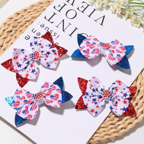 Vsdski 4pcs 4th of July Bow Hair Clips Patriotic Hair Accessories for Girls American Flag Barrette Sparkly Stars Hair Bows Hairpins Alligator Clips for Independence Day Party Cheering Squad Hair Decor