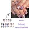 24Pcs Halloween Press on Nails Short Square Fake Nails with Spider Web Bat White Ghost Designs Halloween Acrylic Nails Full Cover False Nails Purple Glitter Cute Glue on Nails for DIY Halloween Nails