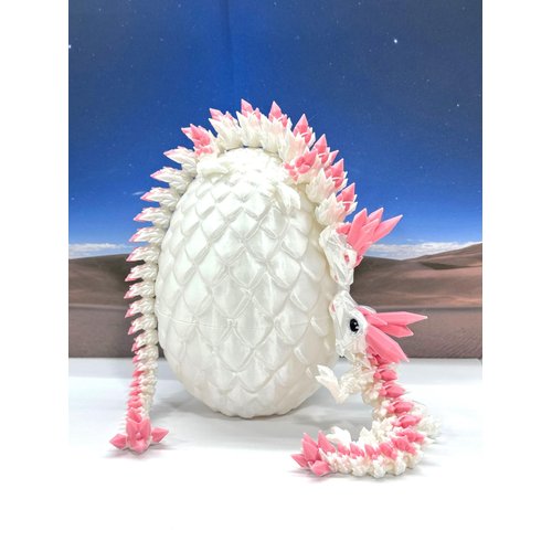3D Printed Dragon with Dragon Egg, Articulated Mother and Child White and Pink Crystal Dragons, Fidget ADHD Autism Toy, Executive Desk Toy MCDD062WP-BD007WP-CRY