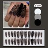 VOTACOS Press on Nails Long Coffin Fake Nails Black False Nails with 3D Rhinestone Butterfly Design Matte Full Cover Stick on Nails for Women
