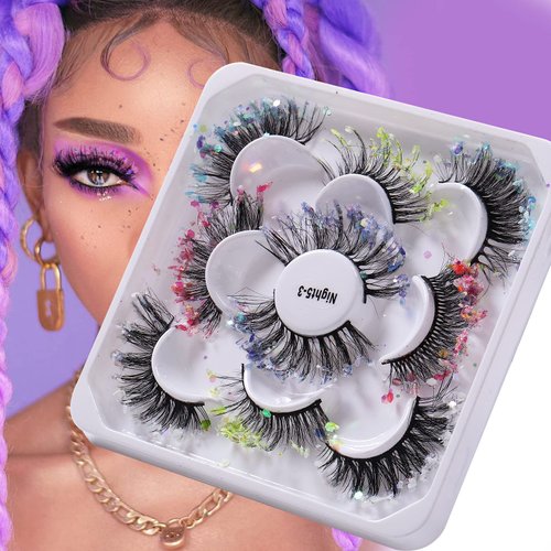 outopen Glitter Night Luminous False Eyelashes 8D Wispy Faux Mink Lashes Colored Eyelashes Dramatic Lashes for Halloween Party Stage Cosplay(5 Pairs Set 3)
