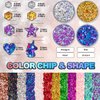 Holographic Chunky Glitter Silver Gold Magic Purple and Purplish Blue Cosmetic Body Hair Face Eye for Festival Carnival Beauty Rave Accessories Different Shapes 4 Pots+ Quick Dry Primer Glue Gel