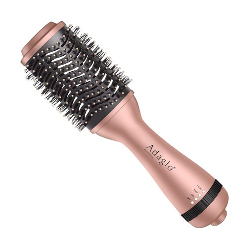 Adagio California Blowout Brush: 2-in-1 Hot Air Brush Styler and Dryer - Negative Ion Round Brush - Hair Dryer Brush with Straightener Function - Hair Styling Tools for Women… (3-inch, Rose Gold)