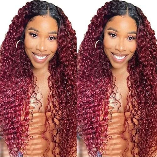 MACA BAKA Ombre Burgundy Deep Curly 13x4 Lace Front Wigs Glueless Long Curly Dark Wine Red Synthetic Lace Front Wig for Women Pre Plucked with Baby Hair 150 Density 24 Inches