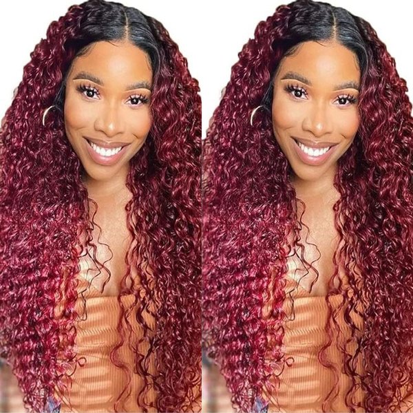 MACA BAKA Ombre Burgundy Deep Curly 13x4 Lace Front Wigs Glueless Long Curly Dark Wine Red Synthetic Lace Front Wig for Women Pre Plucked with Baby Hair 150 Density 24 Inches