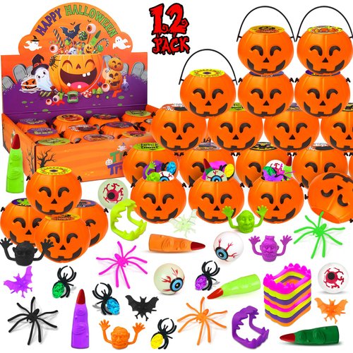 SURCVIO 12 Pack Halloween Party Favors for Kids, Prefilled Pumpkin Buckets with Toys Halloween Toy Bulk For Kids, Halloween Party Supplies Trick or Treat