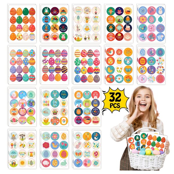 Partywind 416 PCS (32 Sheets) Easter Stickers for Kids, Happy Easter Egg Stickers for Easter Basket Stuffers Fillers, Easter Ornaments Stickers for Party Supplies Decor